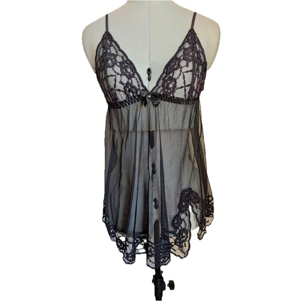 Vtg Y2K Fredericks of Hollywood Mesh & Embroidered Lace Babydoll Chemise/Slip, S